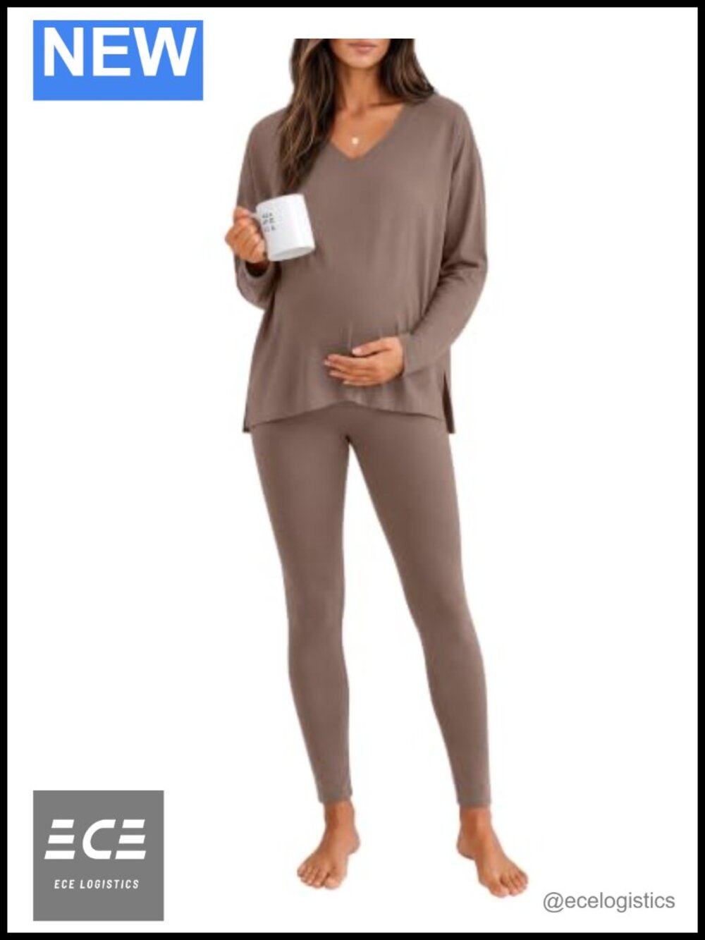 Maternity Lounge Pajama Set 2 Piece V Neck Top High Waist Leggings Sleepwear